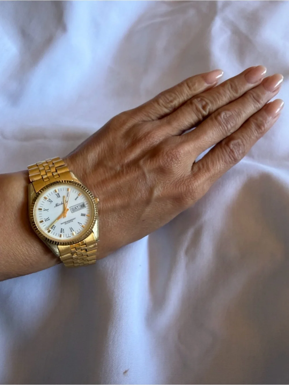 Vintage Michele 33mm Gold Tone Quartz Day Date Watch White Roman Dial - Picture 9 of 15